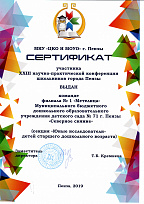 Сертификат участника XXIII научно-практической конференции школьников города Пензы
