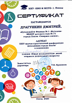Сертификат участника Драгункина Дмитрия XXIII научно-практической конференции школьников города Пензы